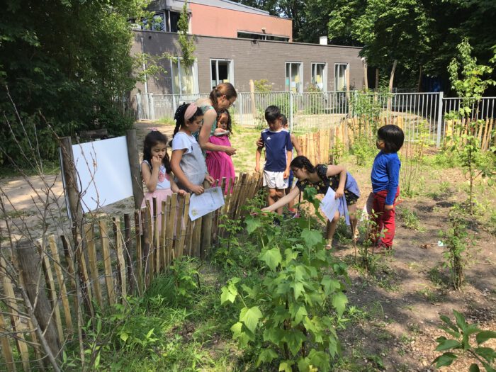 Jonge kinderen werken in de moestuin bij hun school.